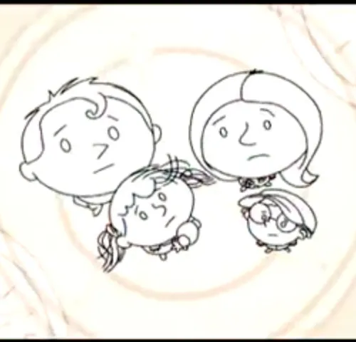 Desenho a lápis de uma família, cena do filme AMAM Esperança