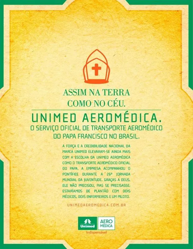 Anúncio Unimed Aeromédica em fundo amarelo e verde com o título Assim na terra como no céu
