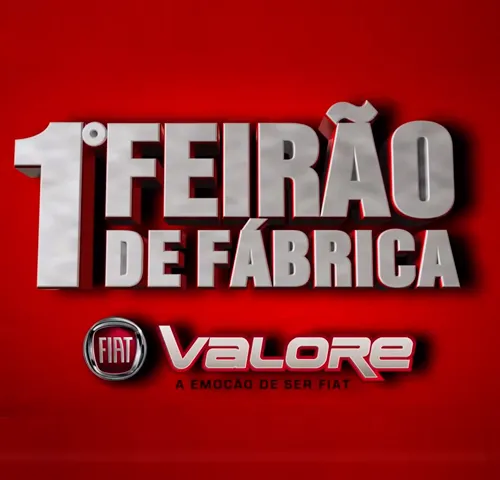 Título 1º Feirão de Fábrica com as marcas Fiat e Valore em fundo vermelho