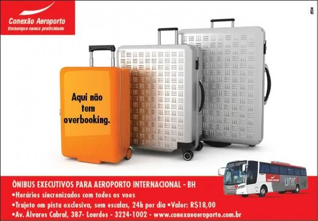 Anúncio Conexão Aeroporto com malas de viagem e a frase Aqui não tem overbooking