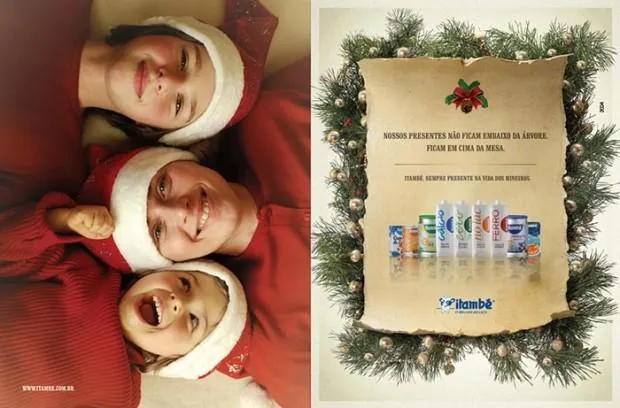 Anúncio de Natal da Itambé com crianças de gorro de Papai Noel e produtos Itambé