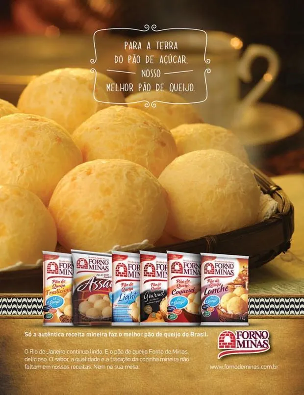Anúncio Forno de Minas com pães de queijo em uma cesta e embalagens do produto