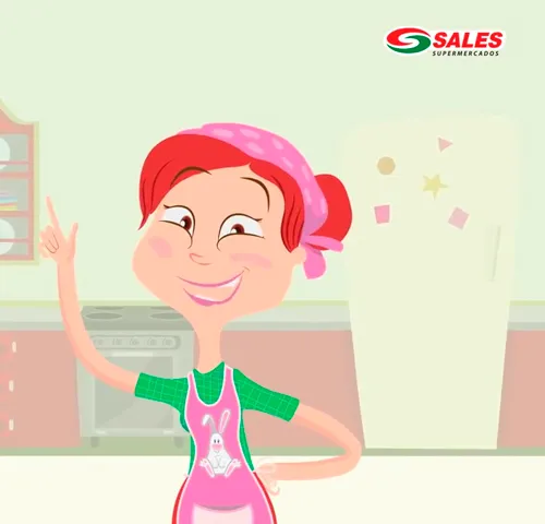 Personagem animada de lenço rosa em uma cozinha com a marca Sales Supermercados